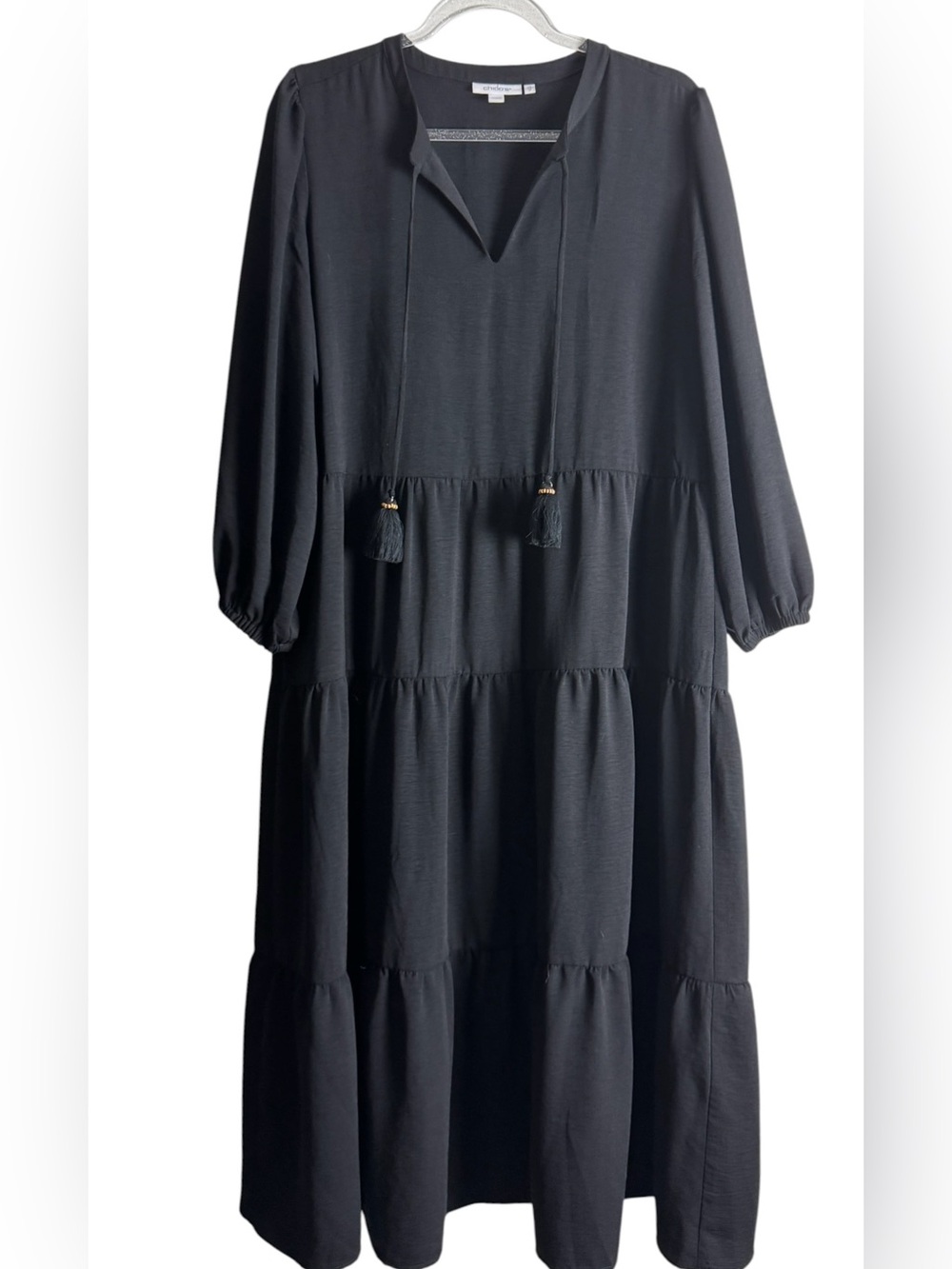 Chico’s Black Tiered Tassel Tie Tier Midi Dress Size 1.5 (M)